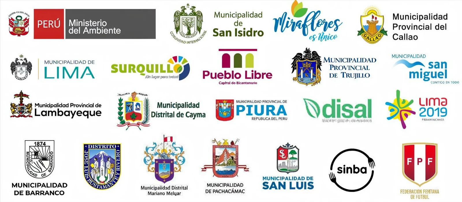 Logos de municipalidades, instituciones y empresas que confían en Plásticos Roca: Ministerio del Ambiente, Municipalidad de San Isidro, Miraflores, Callao, Lima, Surquillo, Pueblo Libre, Trujillo, San Miguel, Lambayeque, Cayma, Piura, Disal, Lima 2019, Barranco, Marianos Melgar, Pachacámac, San Luis, Sinba, FPF